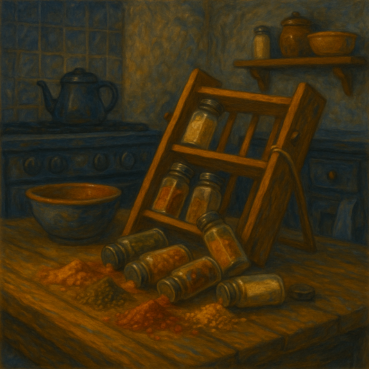 “Top view of BBQ spice jars scattered on a rustic wood table after shake test — the Spice Rack Earthquake review by Stoking the Coals.”