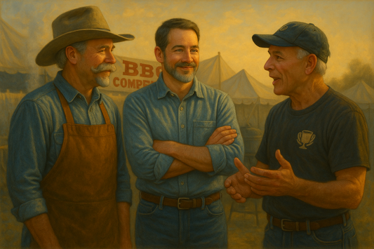 Cole Burnitt and Tuck at dawn in a BBQ competition lot—smoke curling, brisket on the pit, neighbor’s trophy trailer in the background.