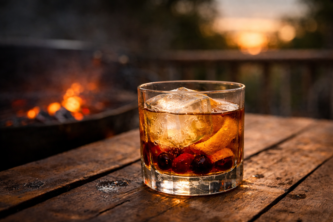 Michael’s Sunset Old Fashioned in a rocks glass with a large clear ice cube, muddled Luxardo cherries, and orange peel on a rustic wood table at sunset.