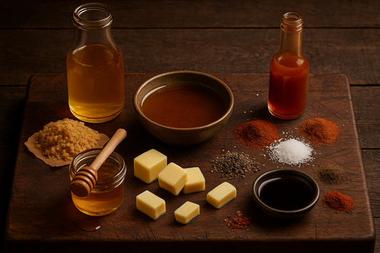 Rib Wrap Bath ingredients on a rustic cutting board