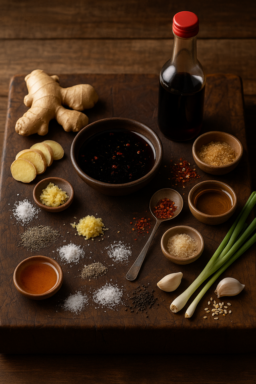 Ingredients for Soy Ginger Steak Bath on rustic cutting board 
