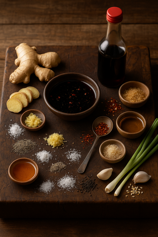Ingredients for Soy Ginger Steak Bath on rustic cutting board 