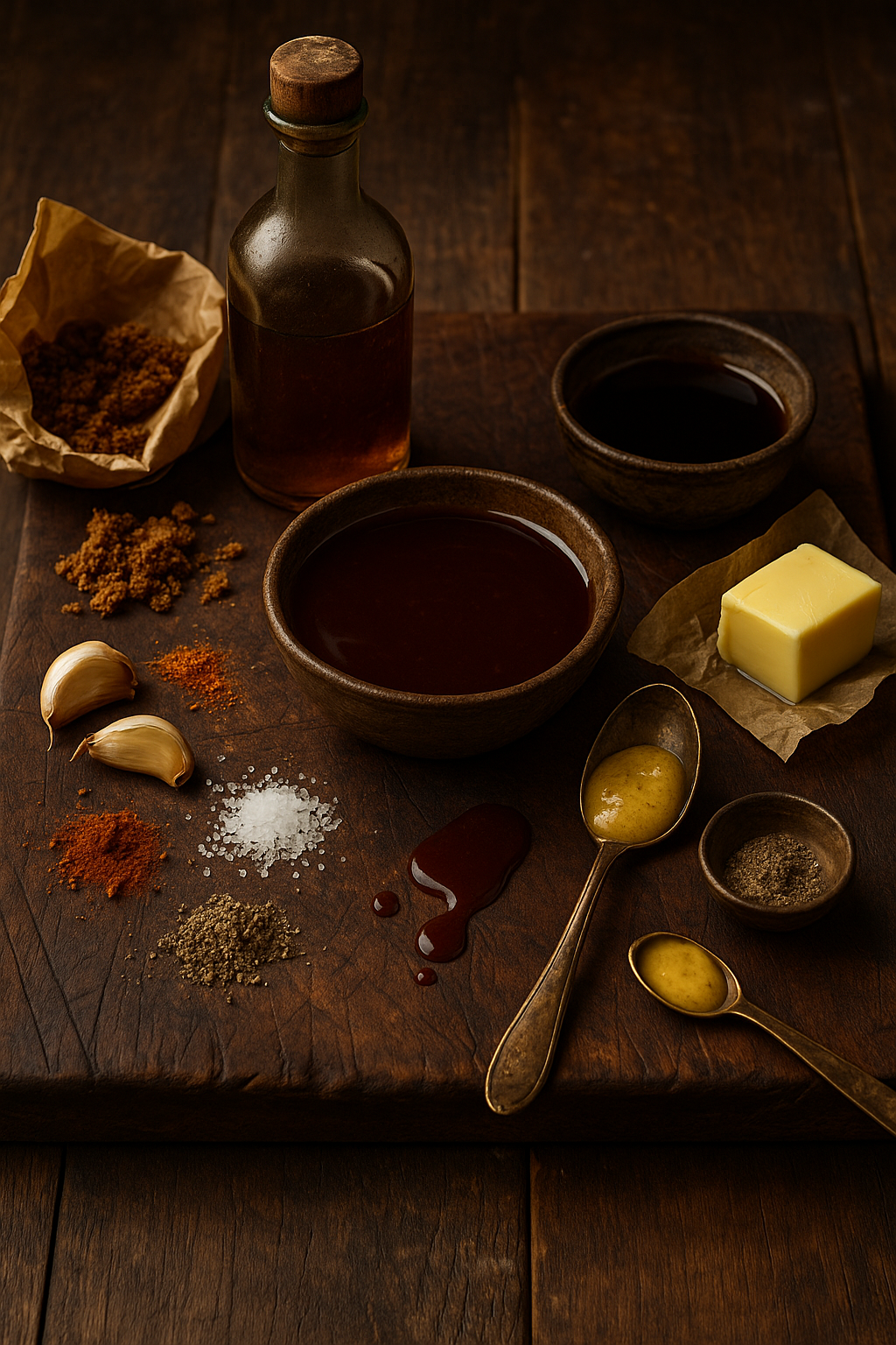 Bourbon Brown Sugar Glaze ingredients on rustic cutting board