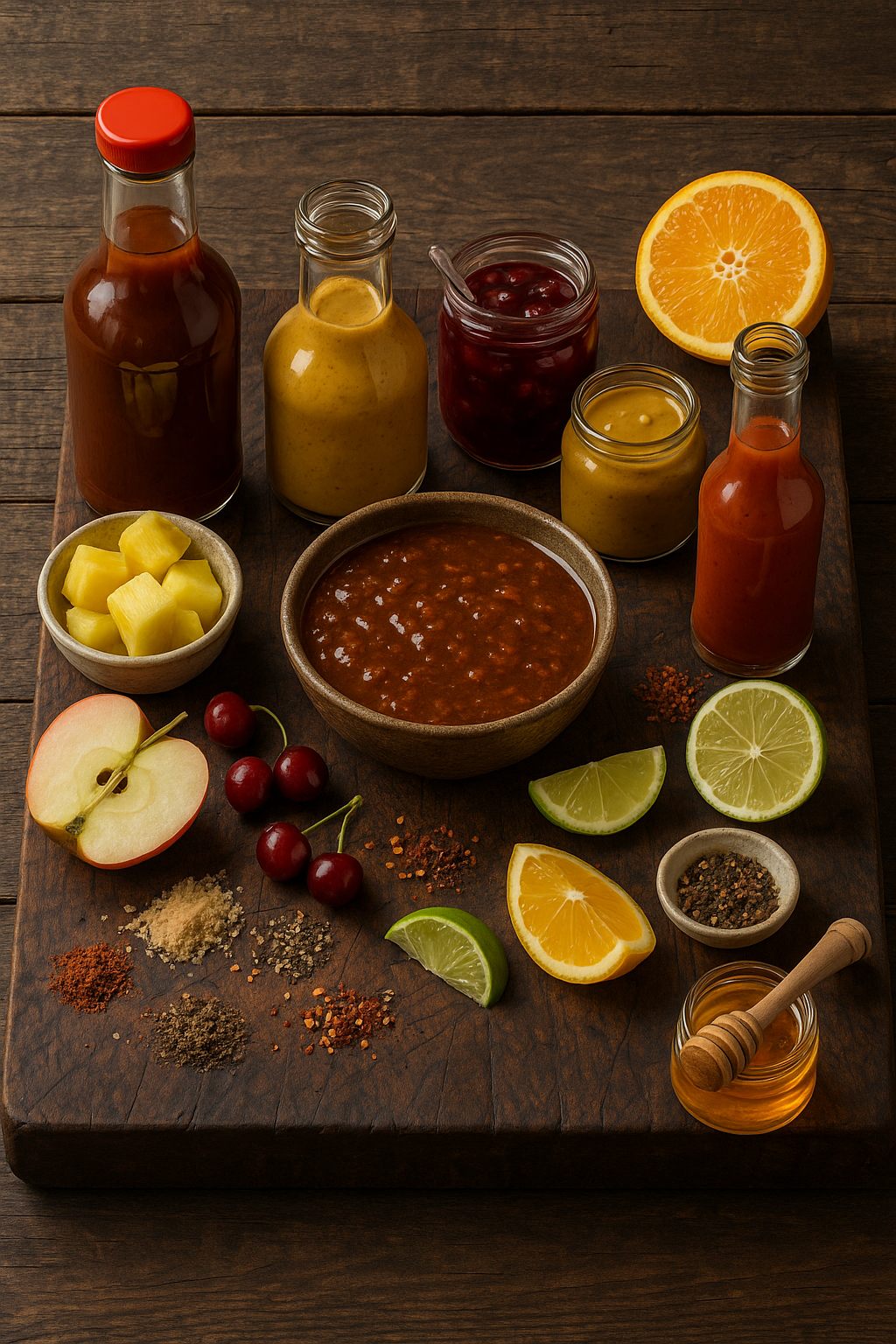 Bottled sauces with possible added ingredient options on a rustic cutting board