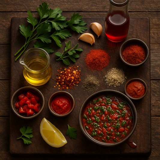 Chimichurri Rojo Red ingredients on a rustic cutting board