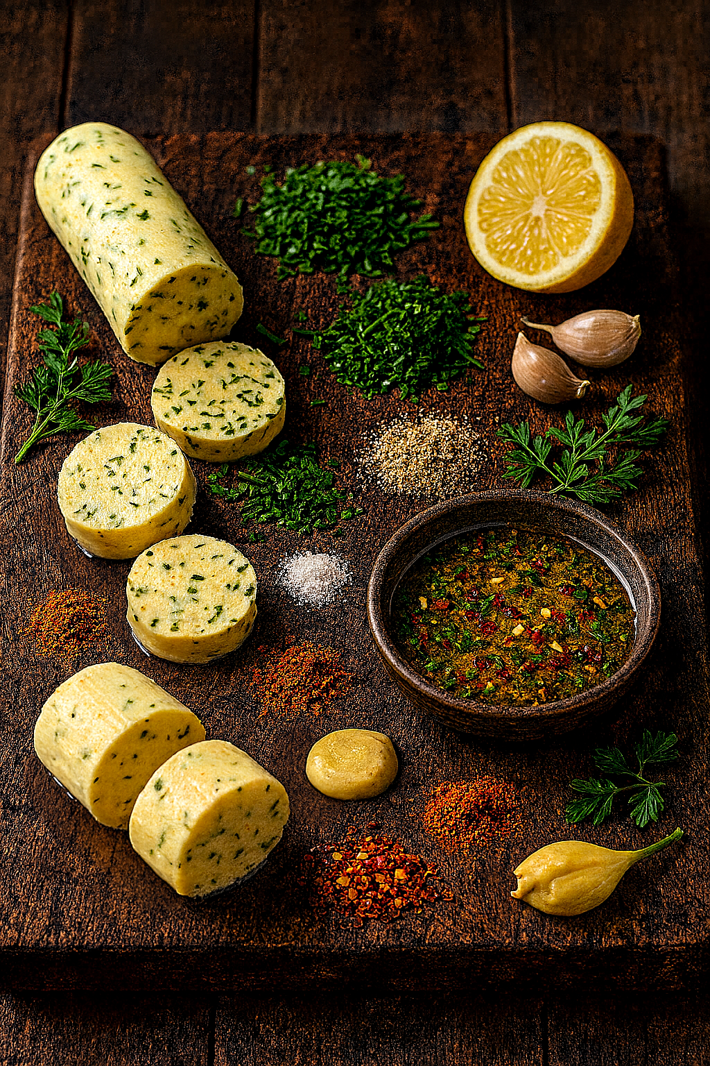 House Compound Butter ingredients on a rustic cutting board
