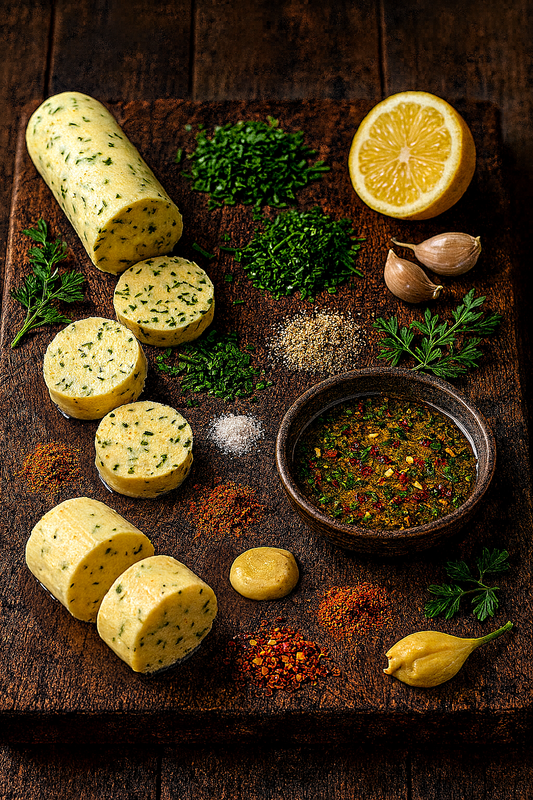 House Compound Butter ingredients on a rustic cutting board