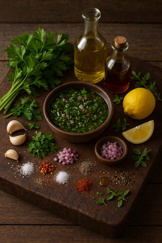 Santa Maria Board Sauce ingredients on a rustic cutting board