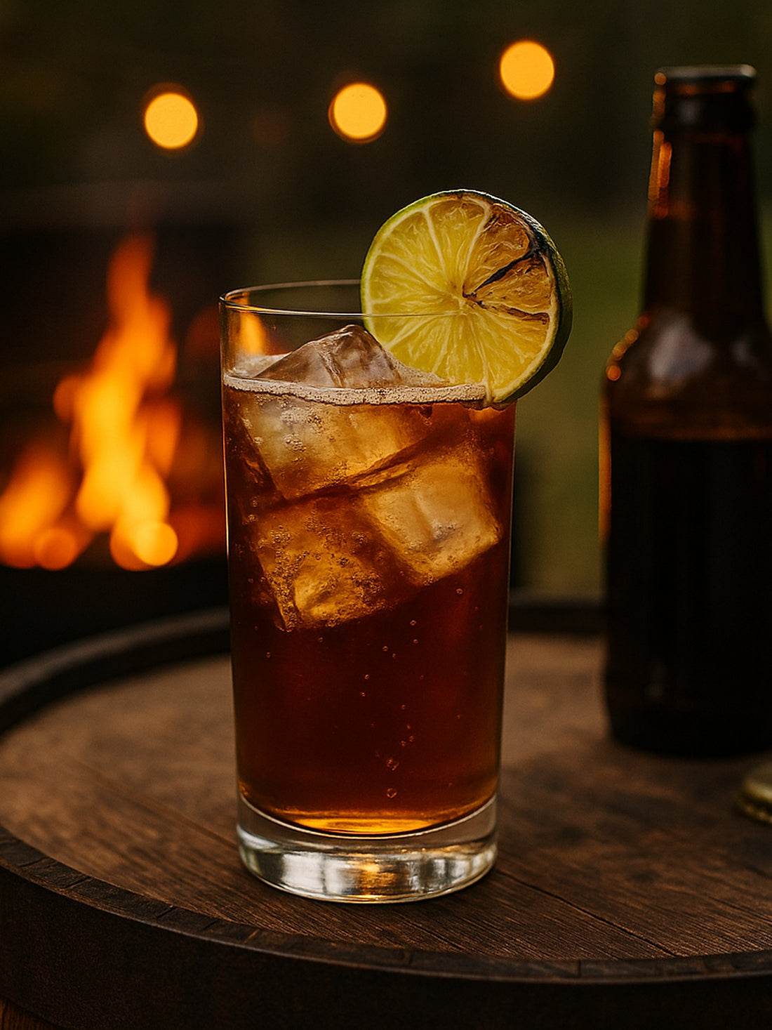 Bourbon and Cola drink with Lime garnish and Fire in the background