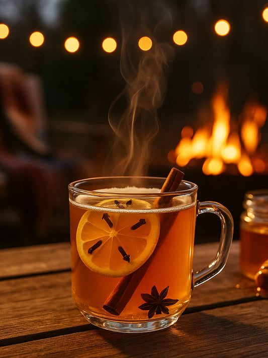 Hot Toddy outdoors with fire in the background