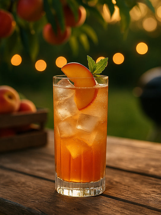 Peach Bourbon drink with peach wedge and mint garnish with basket of peaches and outdoor setting