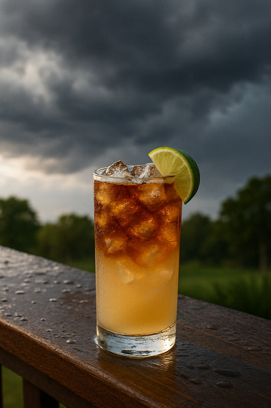 Stormy Skies with Dark and Stormy Drink sitting on deck railing