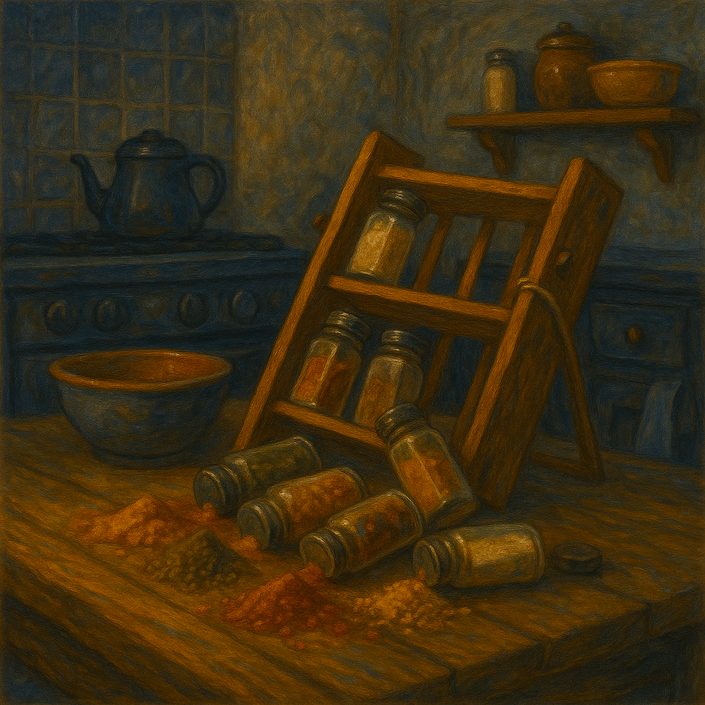 “Top view of BBQ spice jars scattered on a rustic wood table after shake test — the Spice Rack Earthquake review by Stoking the Coals.”