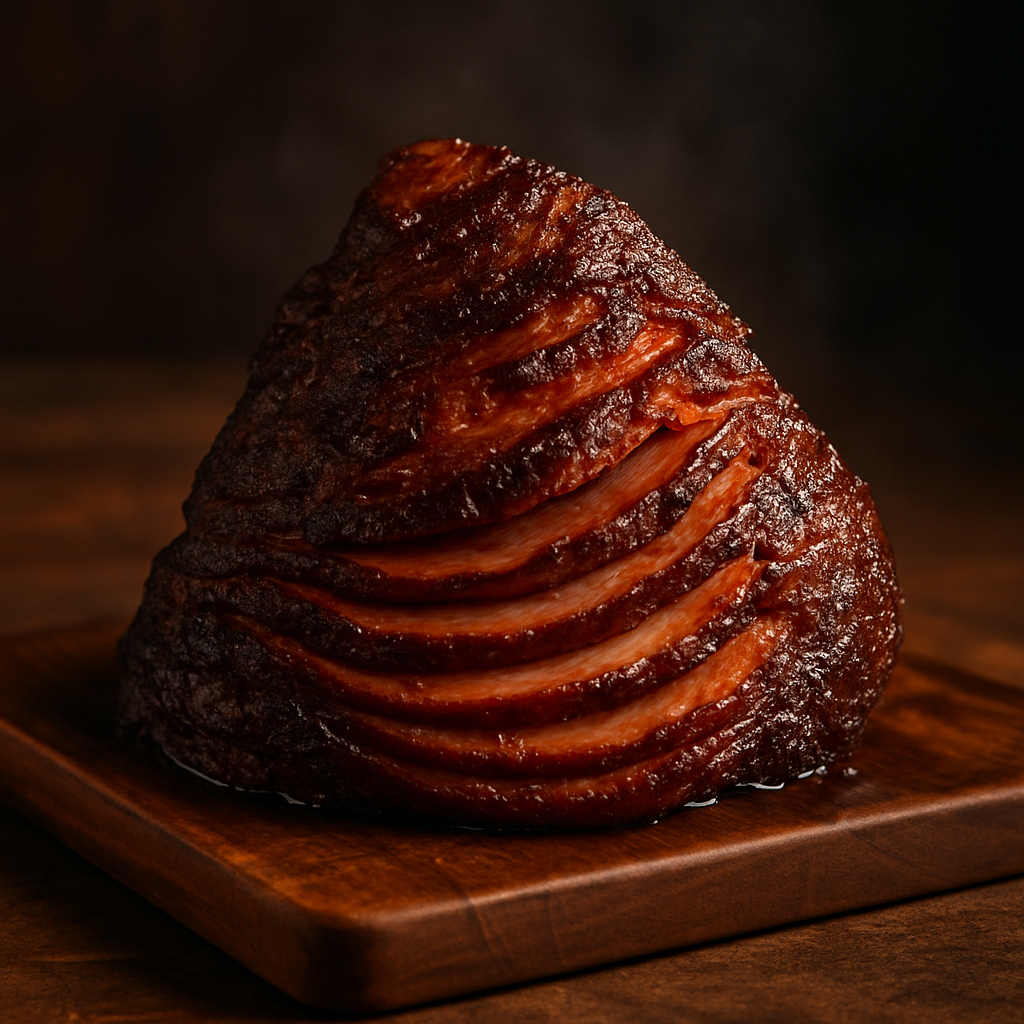 Spiral ham glazed and portioned for serving, rustic and dark background
