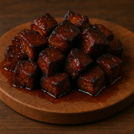 Chuck Roast portion size bites of burnt ends piles on a cutting board