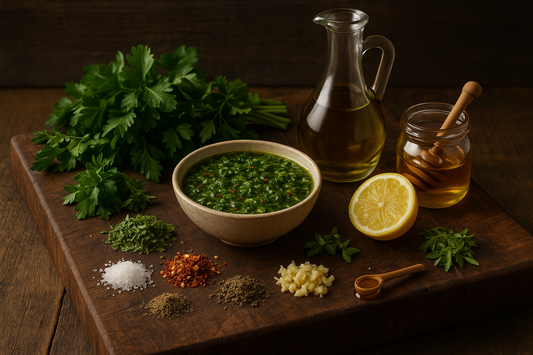 Chimichurri Verde ingredients on a rustic cutting board