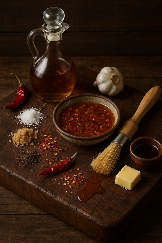 Vinegar Mop (Carolina Baste Style) ingredients on a rustic cutting board