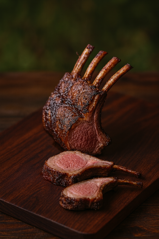 Rack of lamb with two lamb chops on a dark wood cutting board.