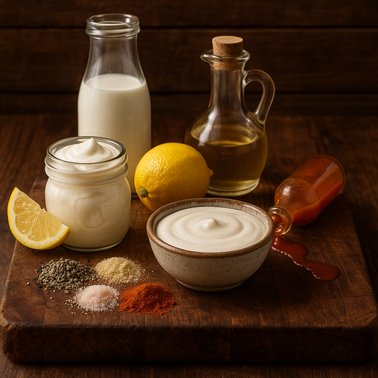 Alabama White Sauce ingredients on a rustic cutting board