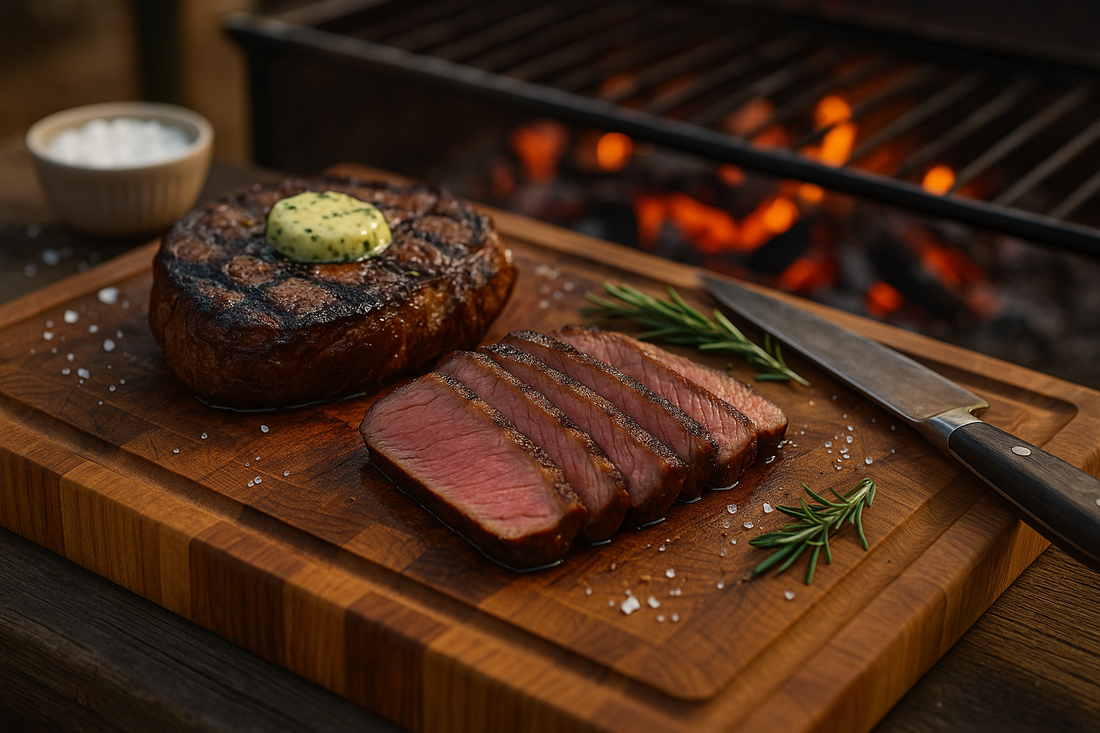 Sliced steak on cutting board with another ribeye steak with compound butter on a cutting board with salt, rosemary and a chef’s knife.