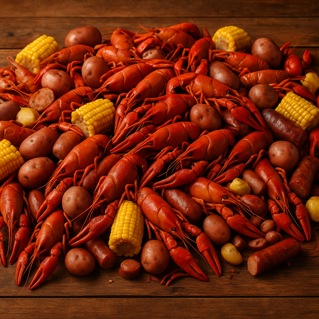 Crawfish Boil with Cooked and Piled Crawfish, Corn, Sausage and potatoes on a rustic wooden table.