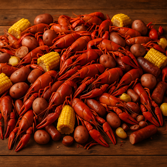 Crawfish Boil with Cooked and Piled Crawfish, Corn, Sausage and potatoes on a rustic wooden table.
