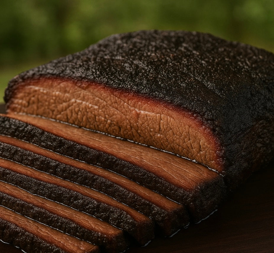 Whole packer brisket competition trimmed, sliced and portioned after smoking, outdoors background