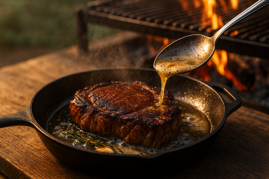 Ribeye being basted with butter in a screaming-hot cast-iron skillet; deep brown crust.