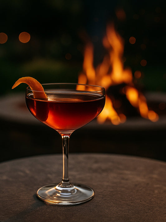 Boulevardier cocktail with smoked orange peel garnish and bourbon over large ice cube.