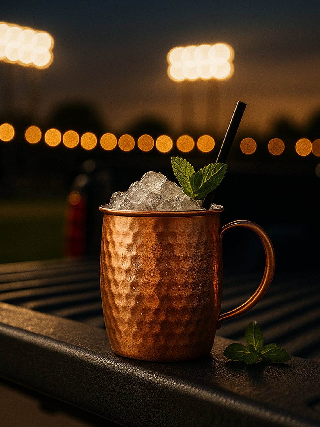 Caramel Apple Bourbon Mule in copper mug with grilled apple garnish.