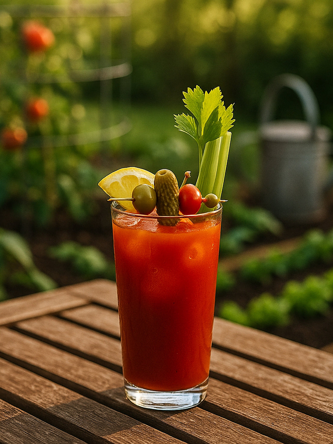 Bloody Mary variations: one with bourbon and garnished with traditional fixings.