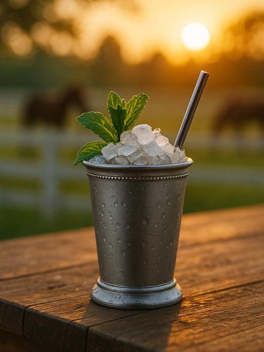 Mint julep cocktail in frosted cup with fresh mint sprig garnish and crushed ice.