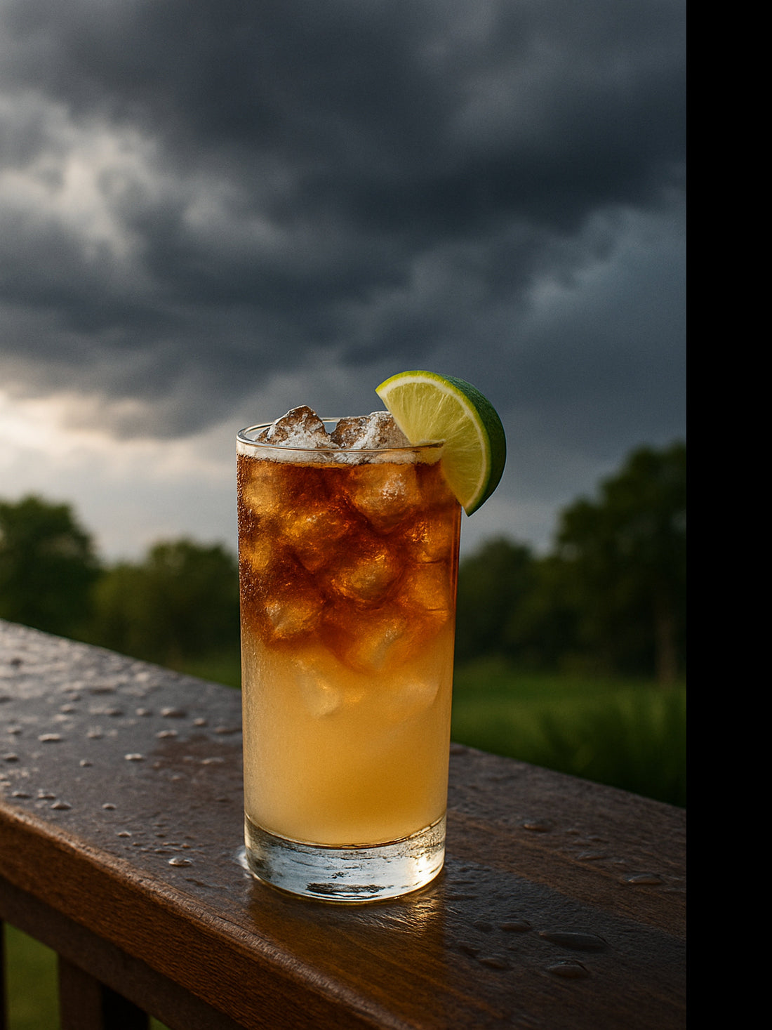 Dark and Stormy Rum Drink on a Deck Rail with Storm Clouds in the distance