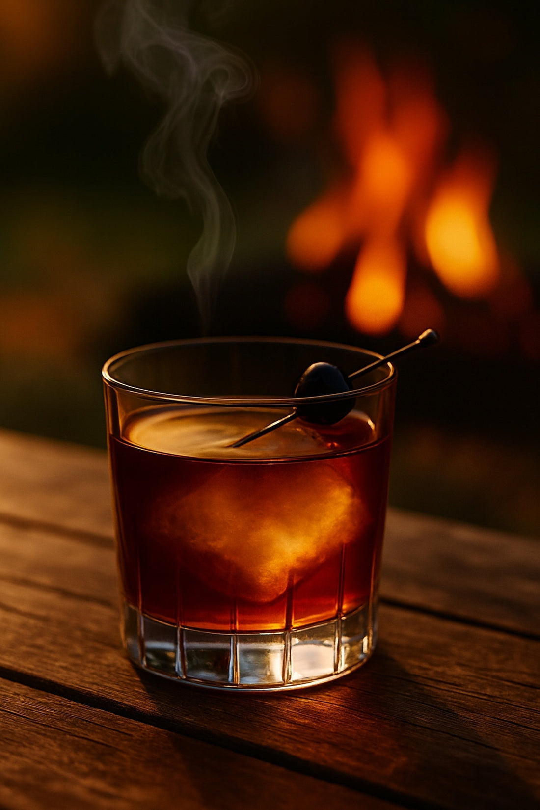 Maple & Smoke Manhattan cocktail with smoked cherry garnish and faint smoke.